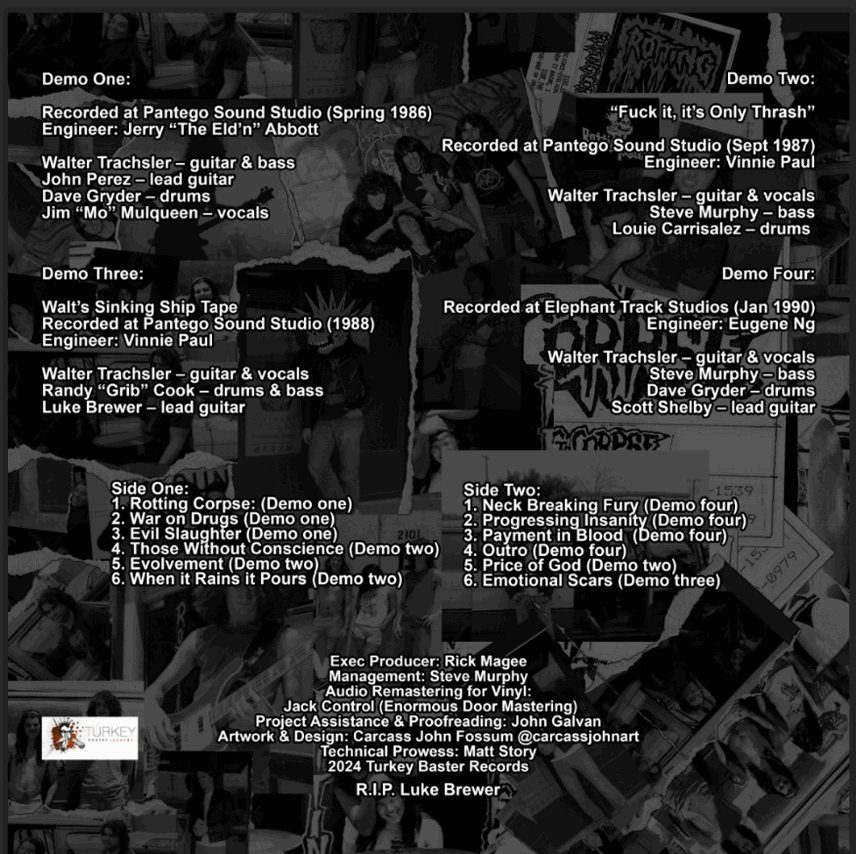 Rotting Corpse's handwritten demo credits sheet listing Pantego Sound Studio sessions