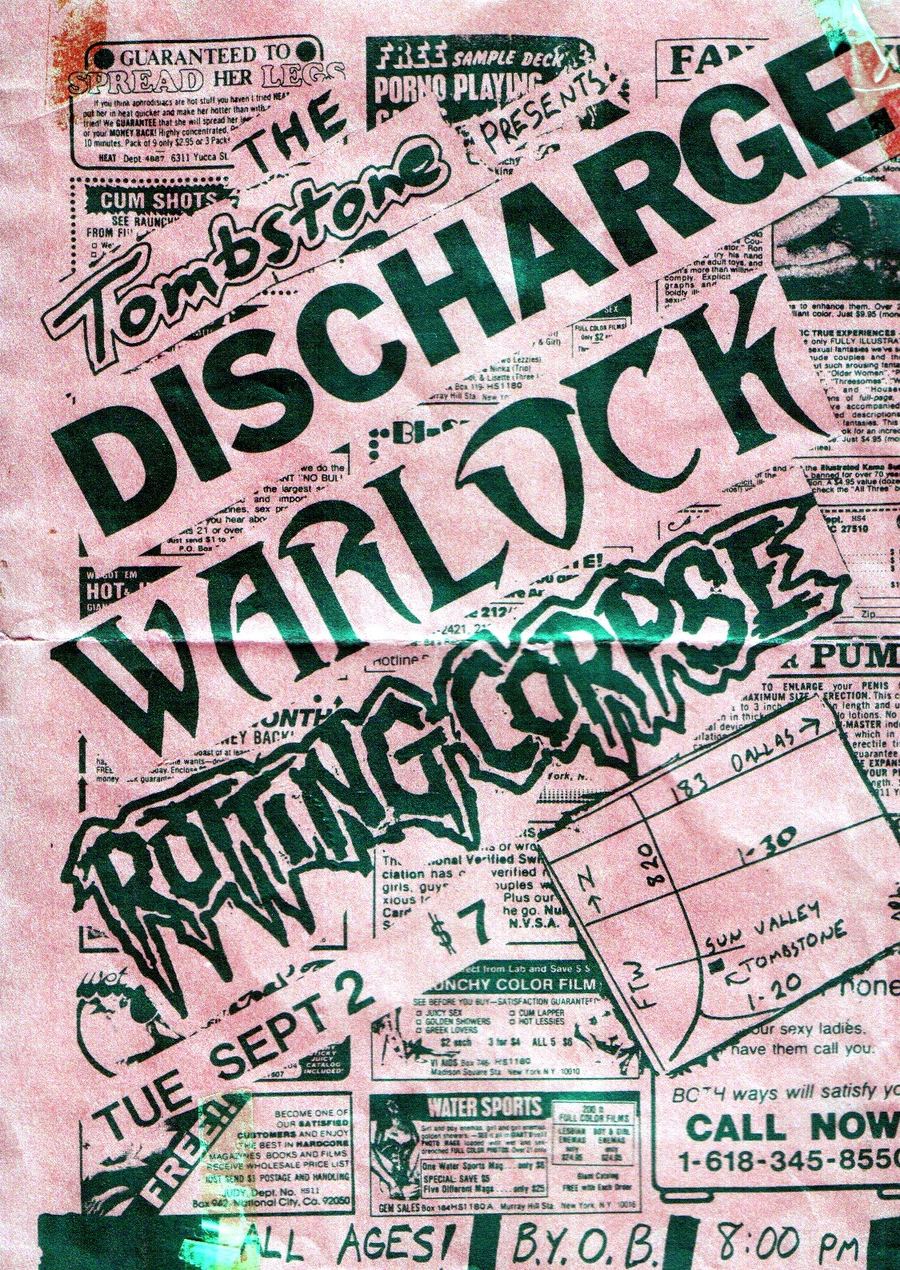 Pink photocopied flyer for Discharge, Warlock and Rotting Corpse at the Tombstone Factory, Tuesday September 2, all ages, 8 pm, with a hand-drawn map to Sun Valley