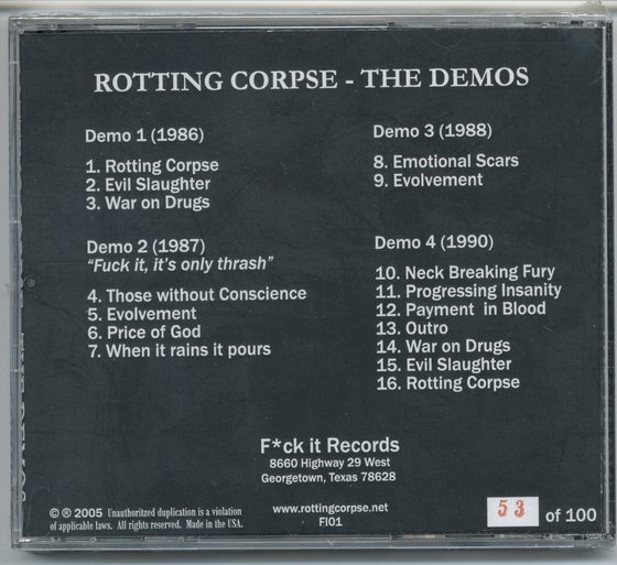 The back of The Demos &mdash; all four tapes, sixteen tracks, hand-numbered to 100.