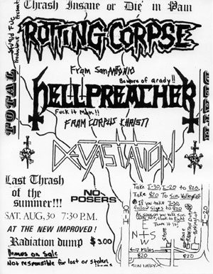 "Last thrash of the summer" &mdash; Hellpreacher and Devastation at the Radiation Dump, Saturday August 30th.