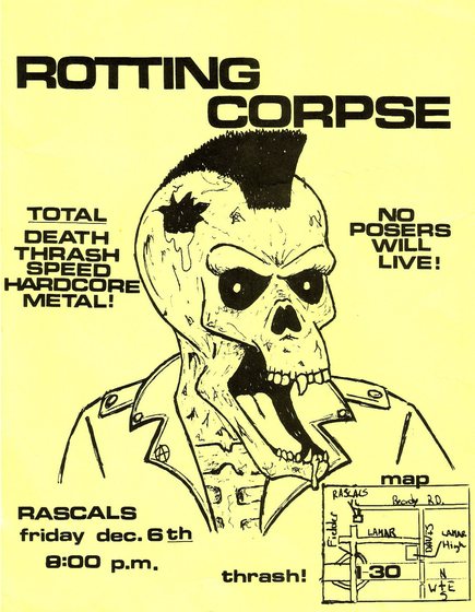 Flyer for the first Rotting Corpse show at Rascals, Arlington, December 6th